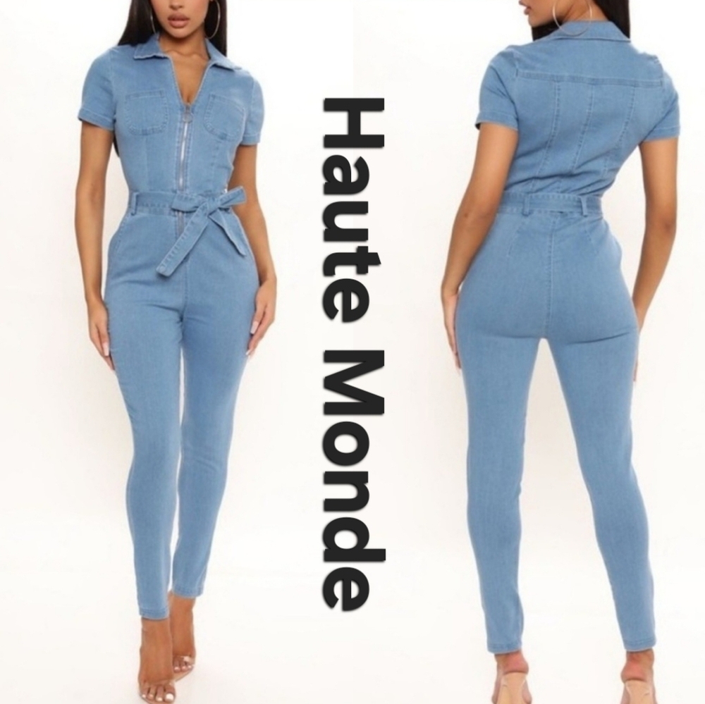 Haute Monde Women's Short-Sleeve Denim Jumpsuit Sz M